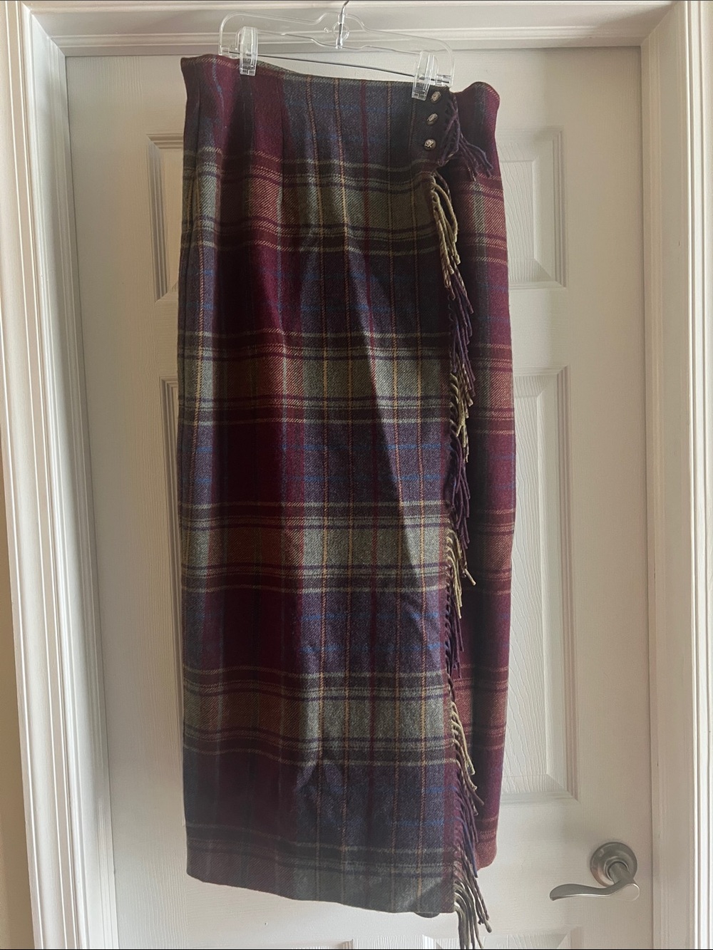 Ralph Lauren Lambs Wool Plaid Wrap Skirt in Burgundy and Navy